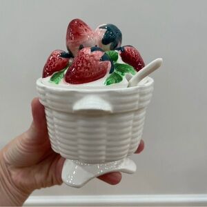 Lefton Quilted Basket Strawberry Jam Jar with Spoon